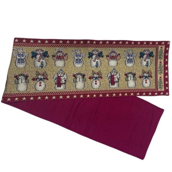 Vintage Christmas Tapestry Table Runner 72"x 13" Red Gold Snowman Angels Holiday - Picture 5 of 9